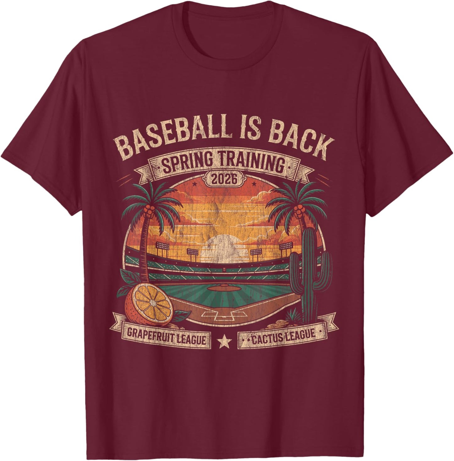 Spring Training Baseball is Back 2026 Retro Stadium Sunset T-Shirt - T-Shirt | Maroon