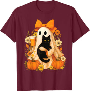 Retro Ghost Holding Cat Groovy Floral Vintage Halloween T-Shirt - T-Shirt | Maroon