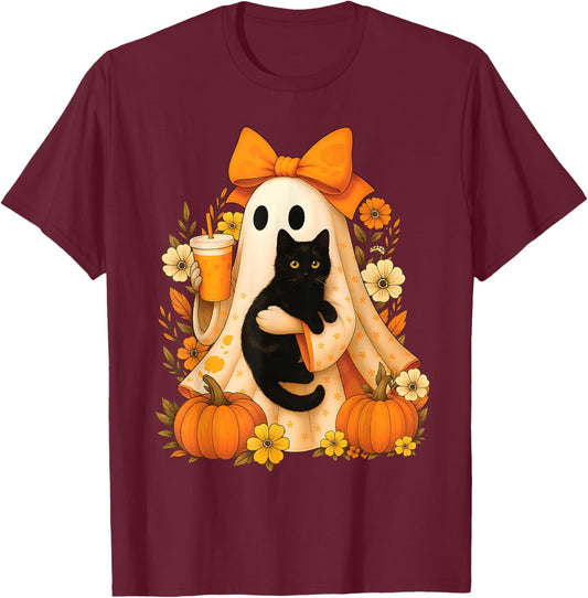 Retro Ghost Holding Cat Groovy Floral Vintage Halloween T-Shirt - T-Shirt | Maroon