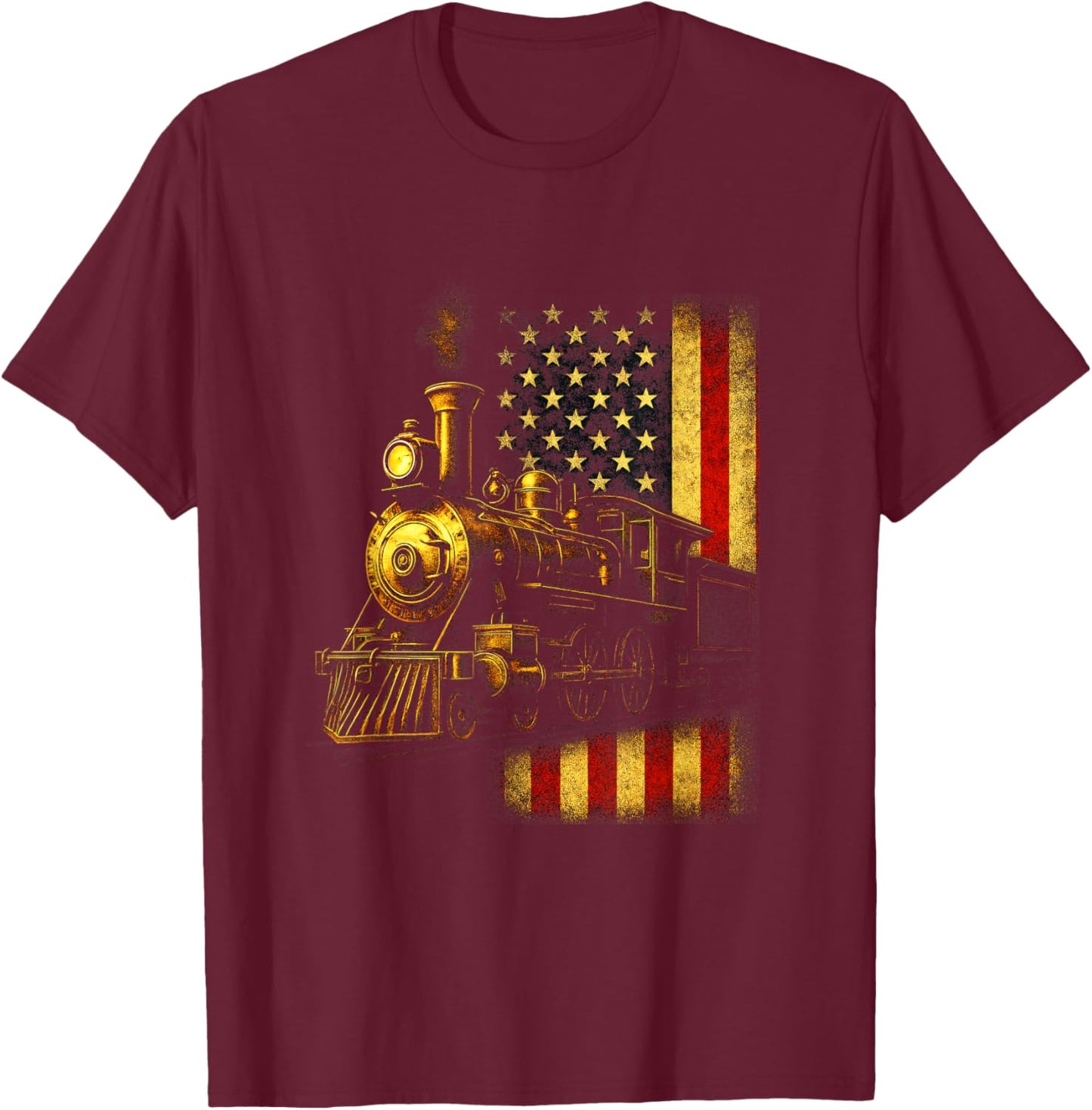 Locomotive & Flag - Steam Train Rail Fan Art T-Shirt - T-Shirt | Maroon