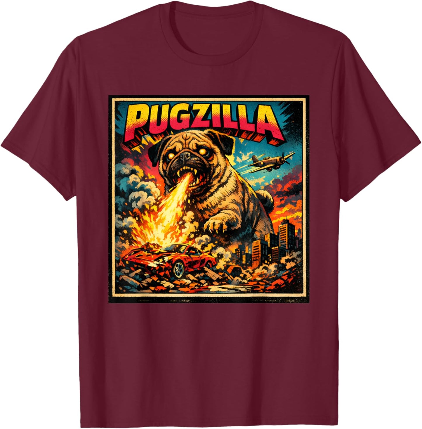 Retro Pugzilla Cute Pug Funny Youth Life from Dad Mom Meme T-Shirt - T-Shirt | Maroon