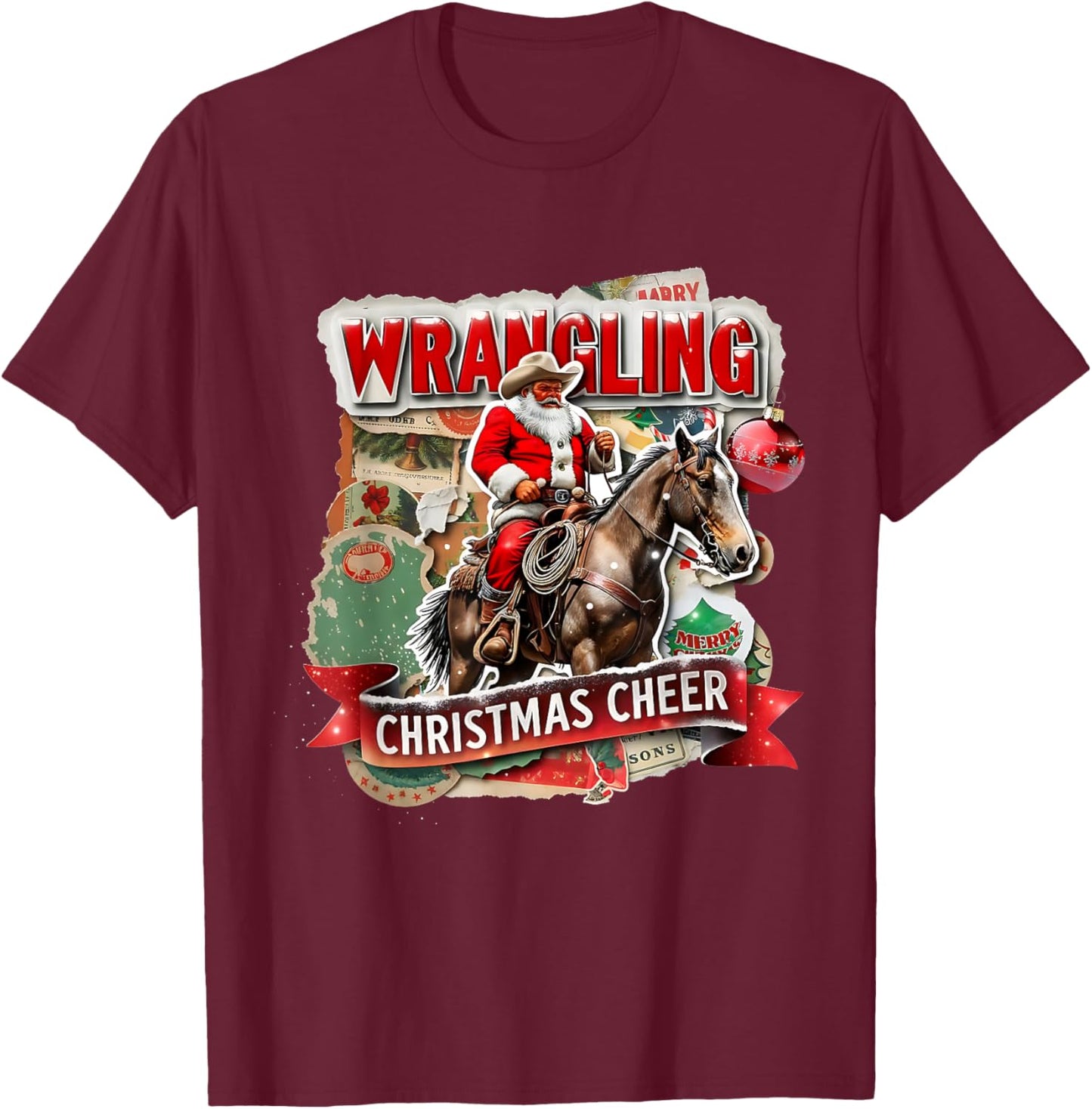 Wrangling Christmas Cheer Cowboy Santa Design T-Shirt - T-Shirt | Maroon
