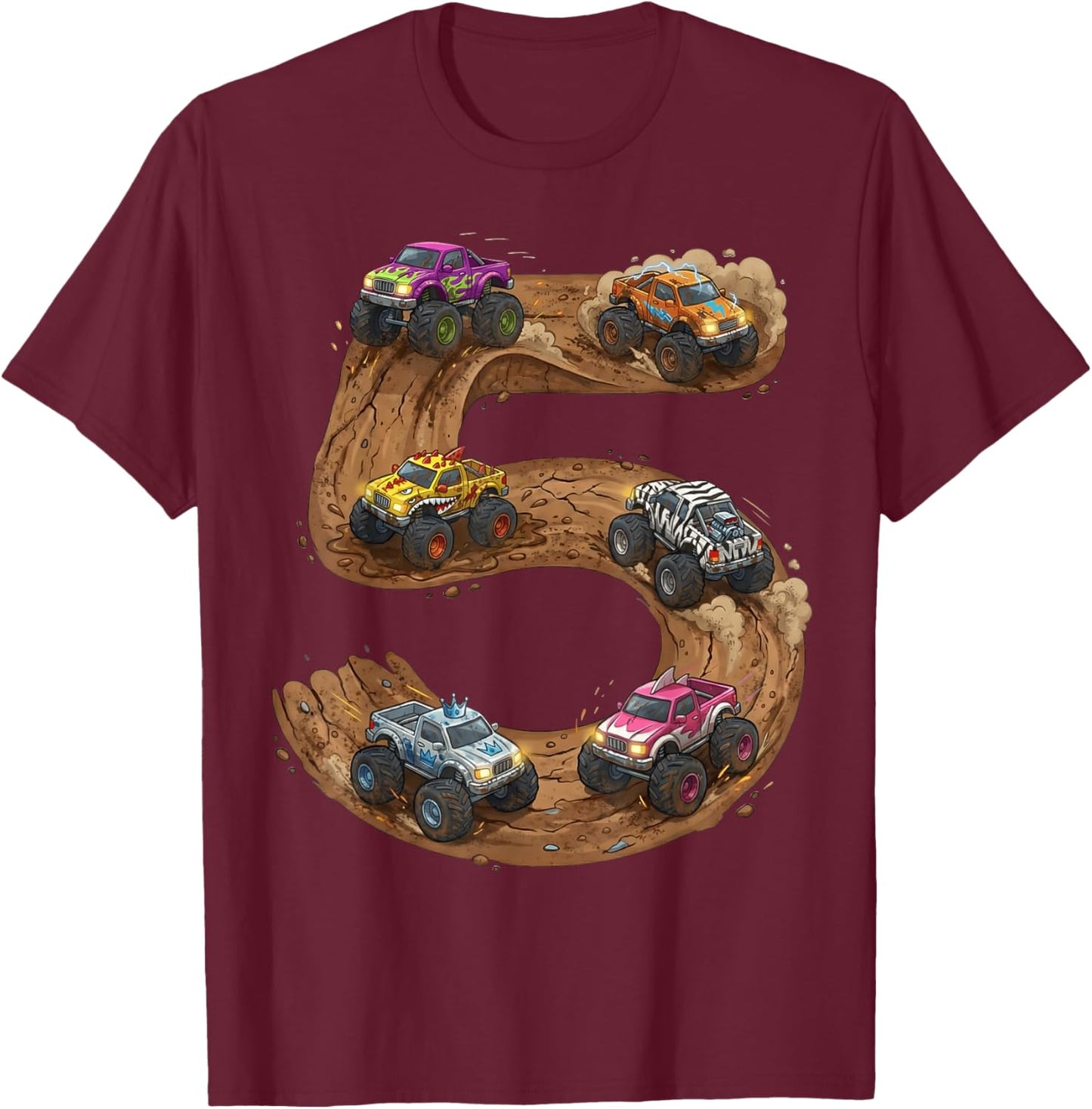 5 Year Old Boy Birthday Monster Trucks Toddler 5th Birthday T-Shirt - T-Shirt | Maroon