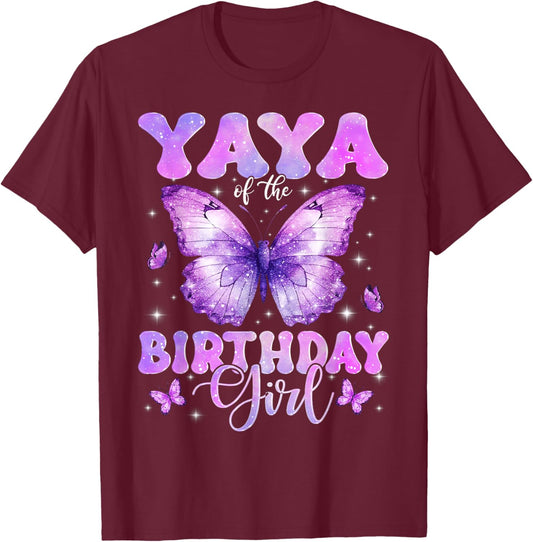 Yaya of The Birthday Girl Butterfly Funny Family T-Shirt - T-Shirt | Maroon