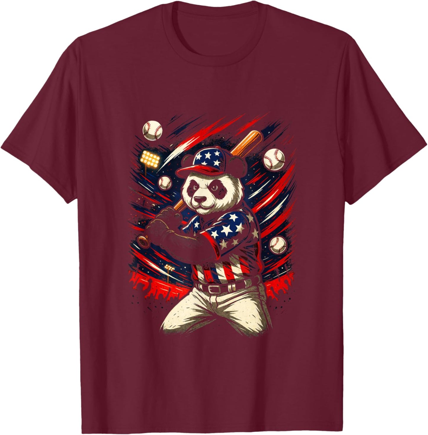 Panda Player - Baseball USA Cartoon Fun T-Shirt - T-Shirt | Maroon