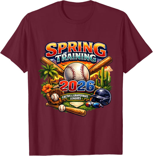 Spring Training 2026 Baseball Fan Design Retro Palm Cactus T-Shirt - T-Shirt | Maroon