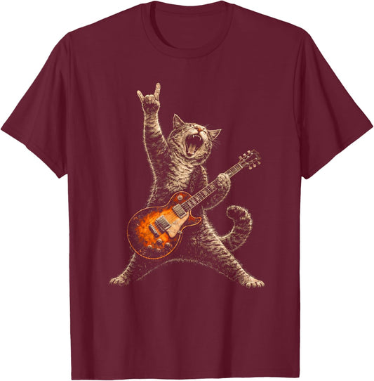Funny Cat Playing Guitar Shirt Cat Guitarist Rock and Roll T-Shirt - T-Shirt | Maroon