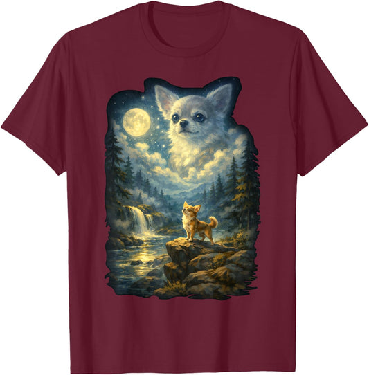 Chihuahua Dog Moonlit Night Art Chihuahua Howling at Moon T-Shirt - T-Shirt | Maroon