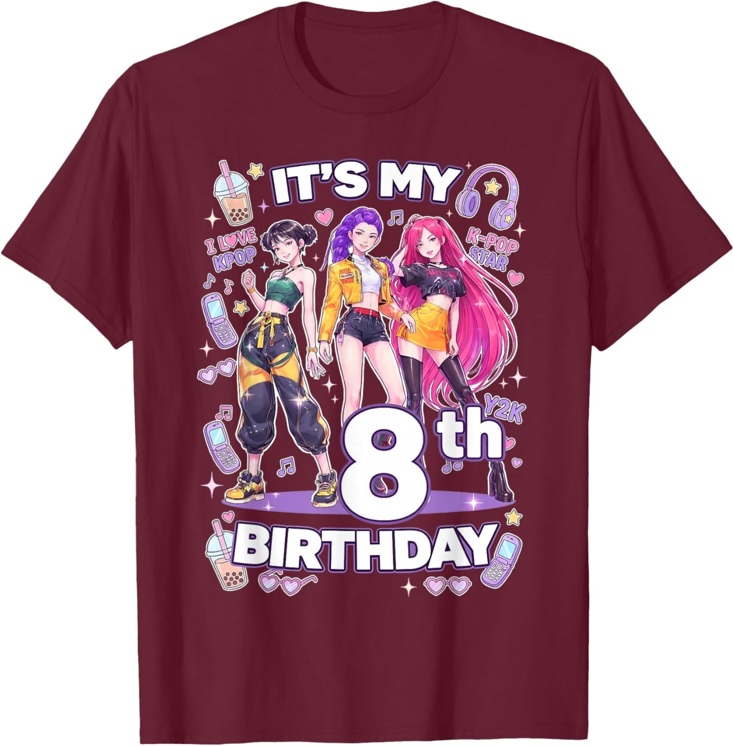 8th Birthday 8 Year Old Girl Korean Pop Kpop Bday Party T-Shirt - T-Shirt | Maroon