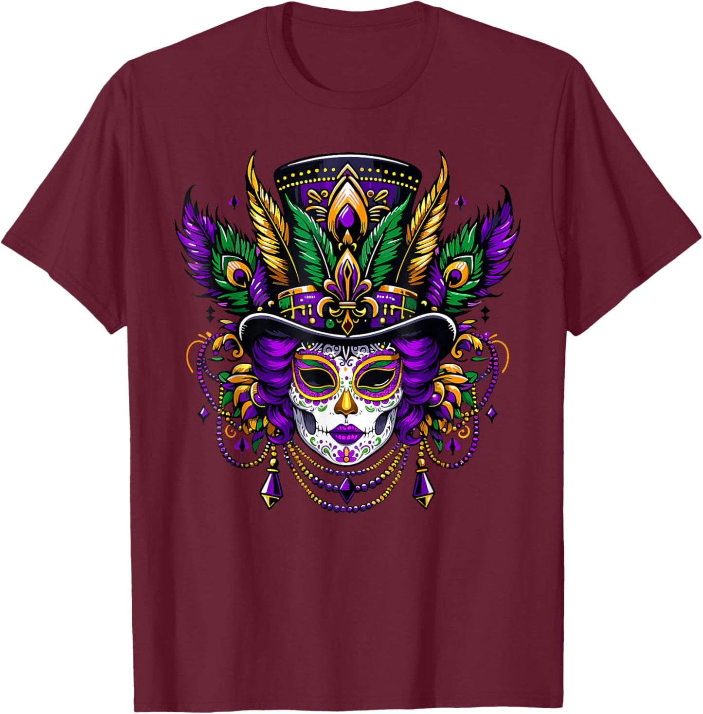 Mardi Gras Mask Feathers Carnival New Orleans Fleur De Lis T-Shirt - T-Shirt | Maroon