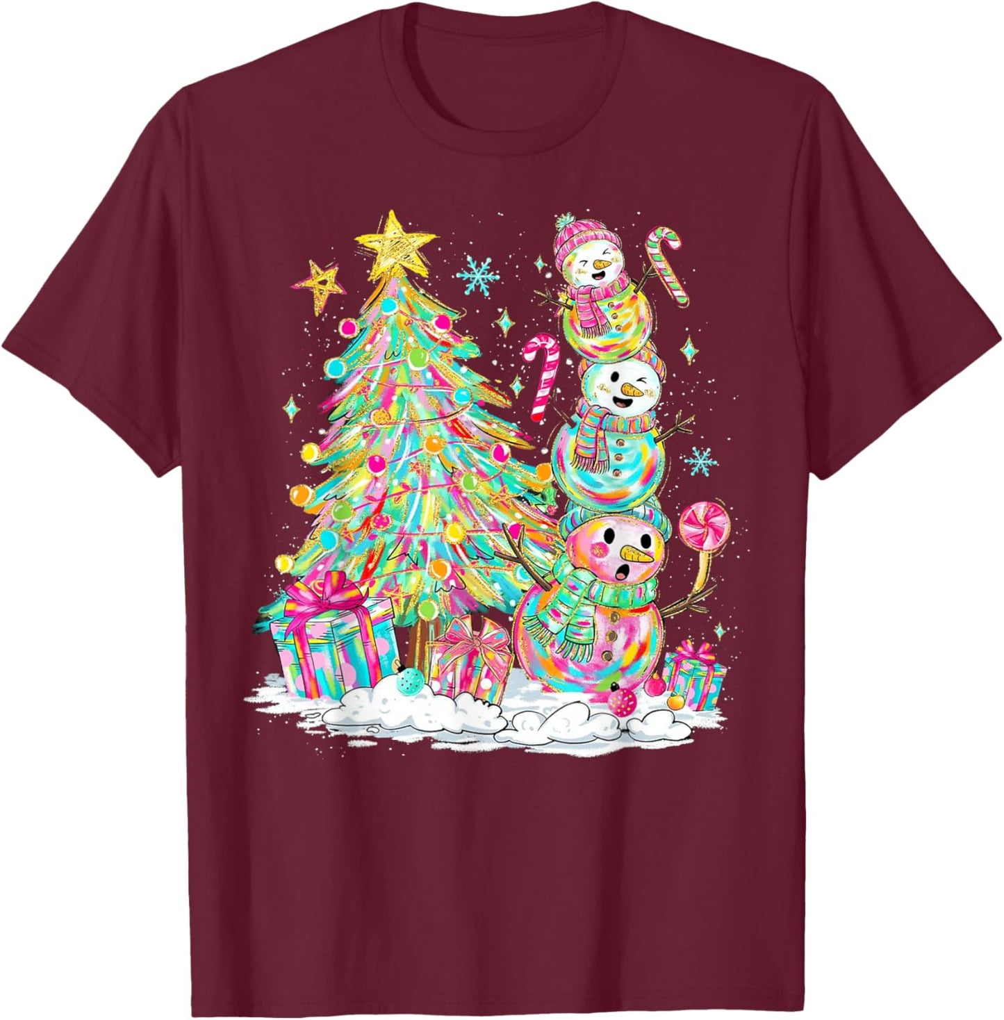 Colorful Christmas Snowman Scene for Kids Holiday Fun T-Shirt - T-Shirt | Maroon