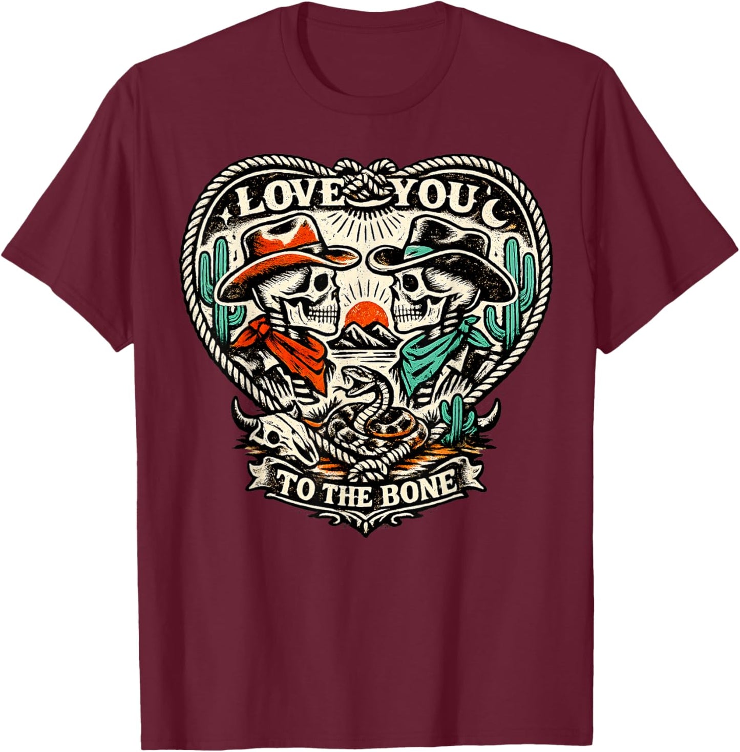 Western Gothic Skeleton Couple – Cowboy & Cowgirl Valentine T-Shirt - T-Shirt | Maroon