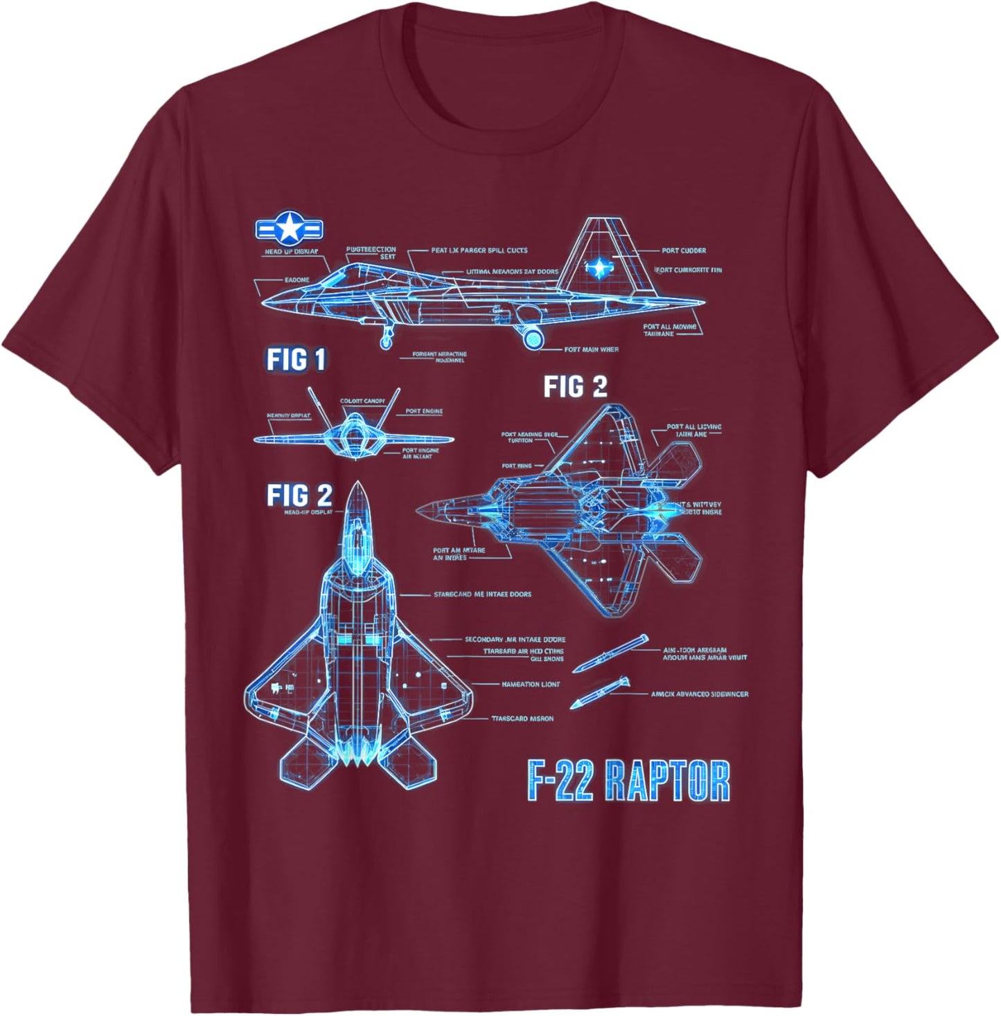 F22 Raptor Aircraft Blueprint Graphic Gift Women Kid T-Shirt - T-Shirt | Maroon