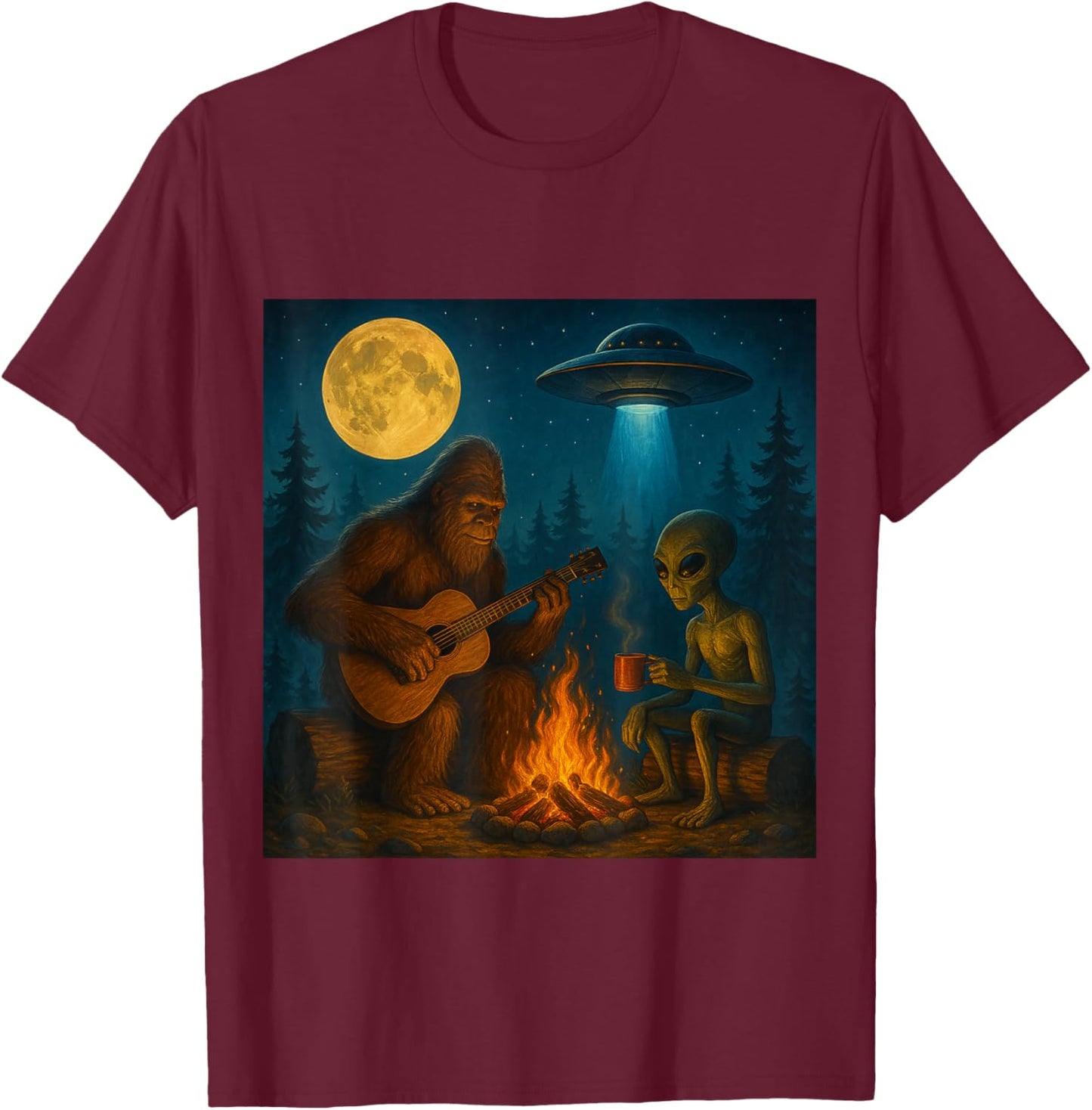 Funny Bigfoot and Alien Campfire Moon UFO Hiking Adventure T-Shirt - T-Shirt | Maroon