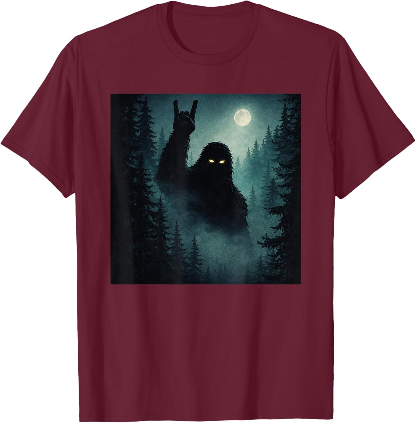 Rock On Bigfoot Sasquatch Cryptid Night Forest T-Shirt - T-Shirt | Maroon
