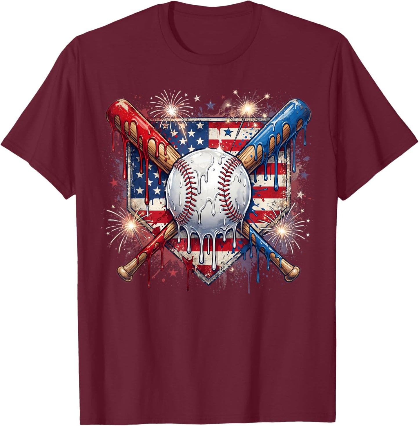 4th of July Baseball Drip Ice Cream Patriotic American Flag T-Shirt - T-Shirt | Maroon