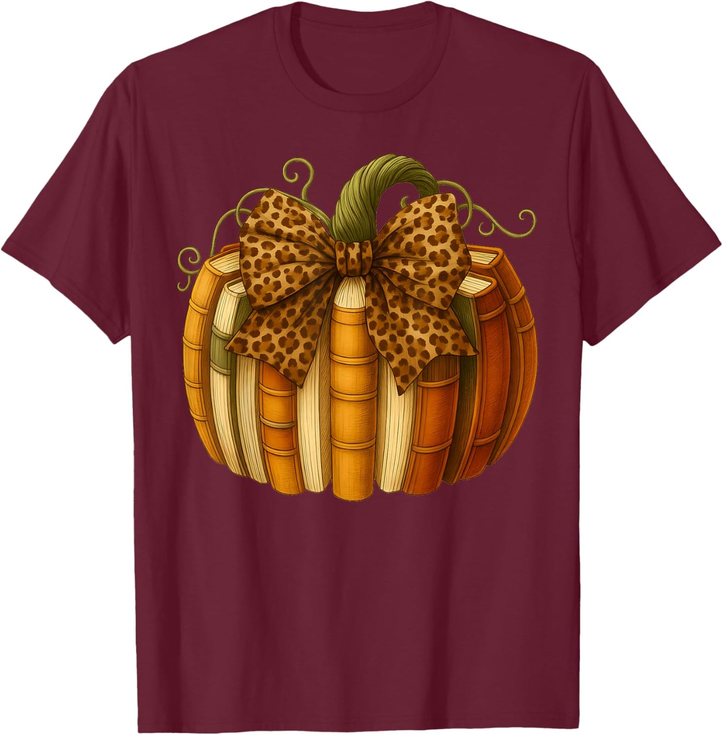 Leopard Bow Book Pumpkin Thanksgiving Fall Coquette Bow T-Shirt - T-Shirt | Maroon