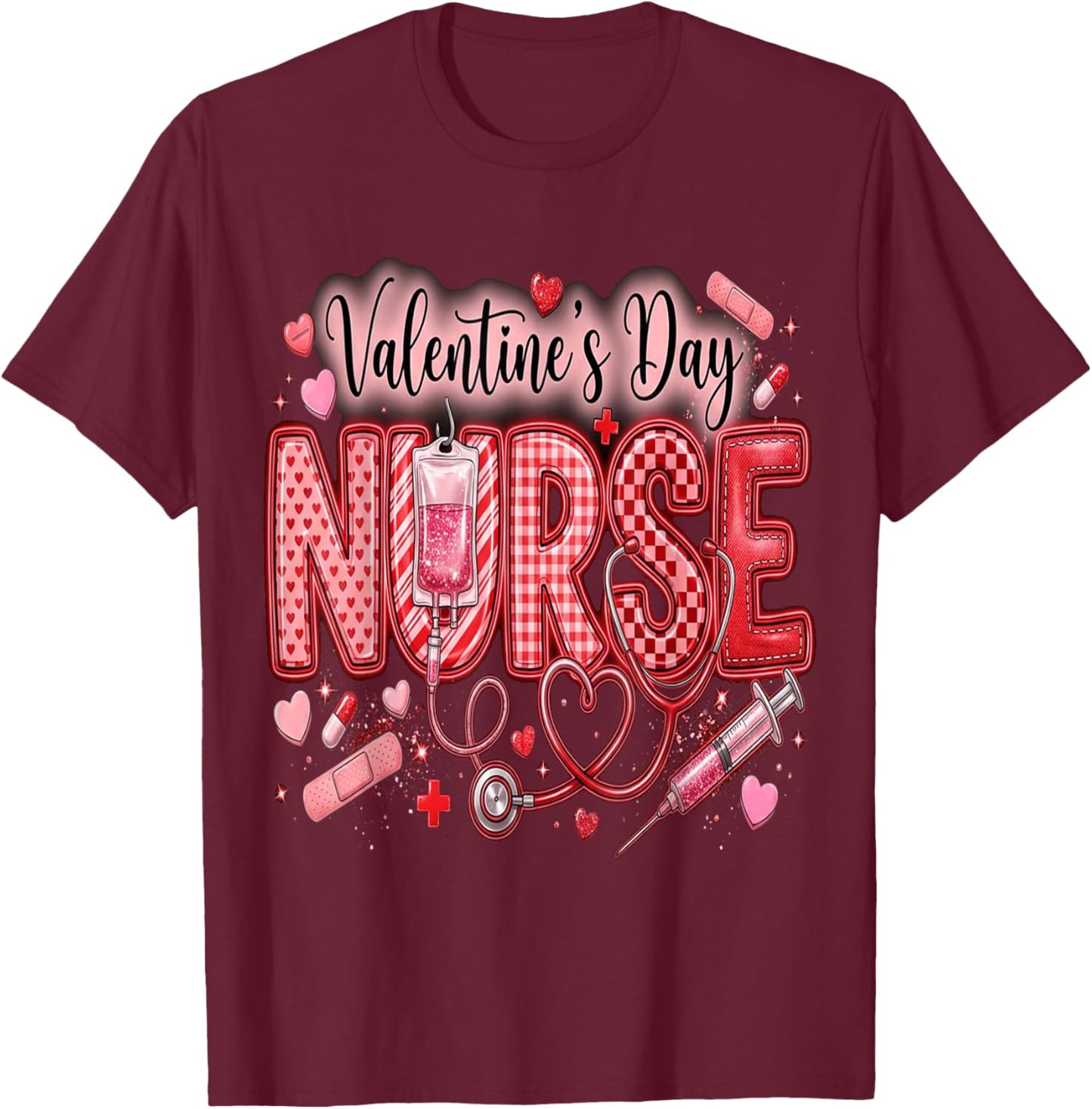 Red Healthcare ER RN CNA ICU Valentine Nurse Heart Nurses T-Shirt - T-Shirt | Maroon