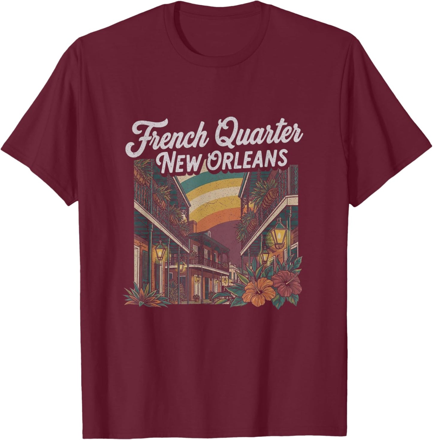 Retro New Orleans French Quarter Art Design T-Shirt - T-Shirt | Maroon