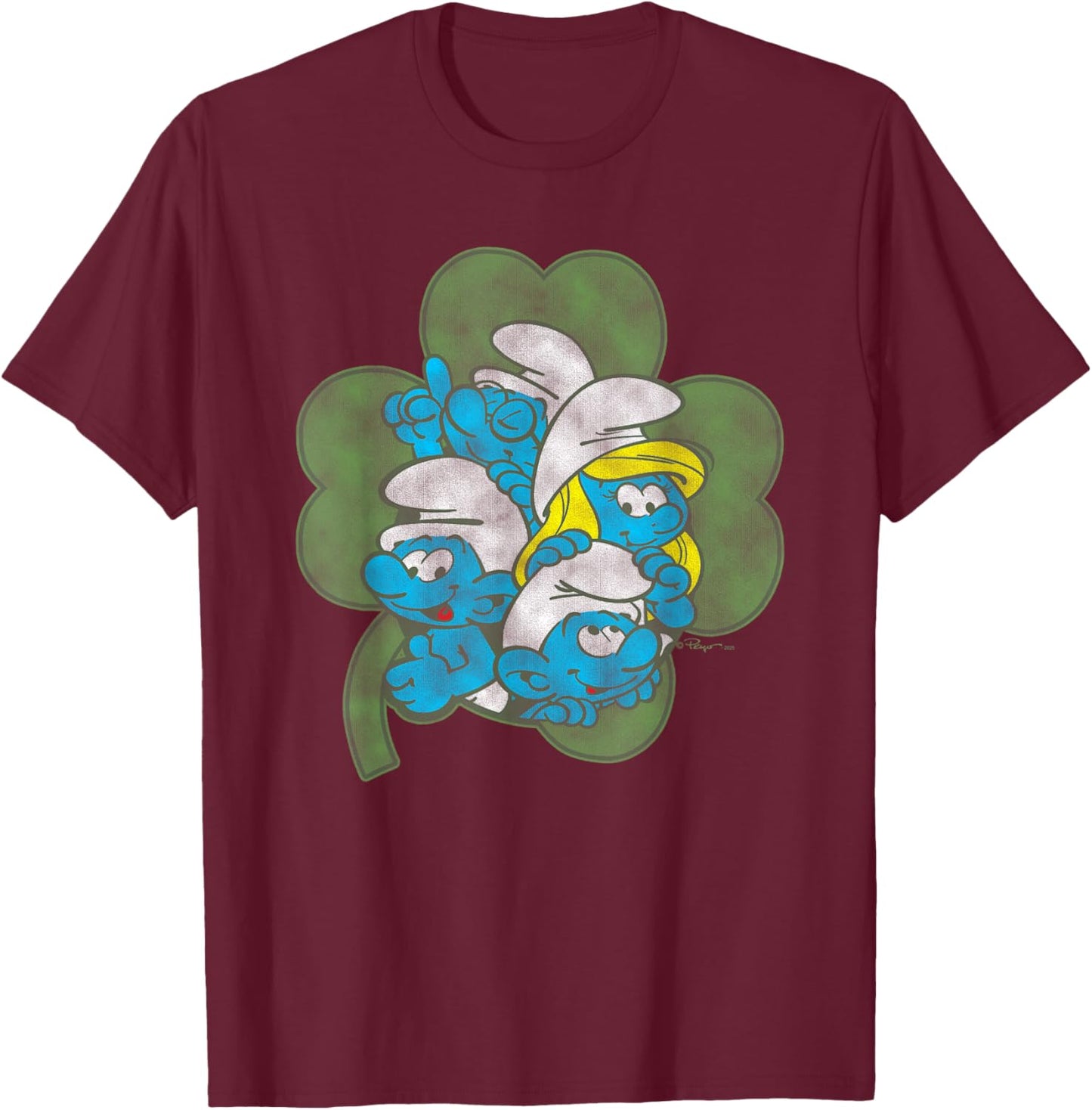The Smurfs Four Leaf Clover Cast St. Patrick's Day Cartoon T-Shirt - T-Shirt | Maroon