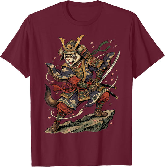 Ferret Samurai Japanese Vintage Warrior Art Anime Graphic T-Shirt - T-Shirt | Maroon