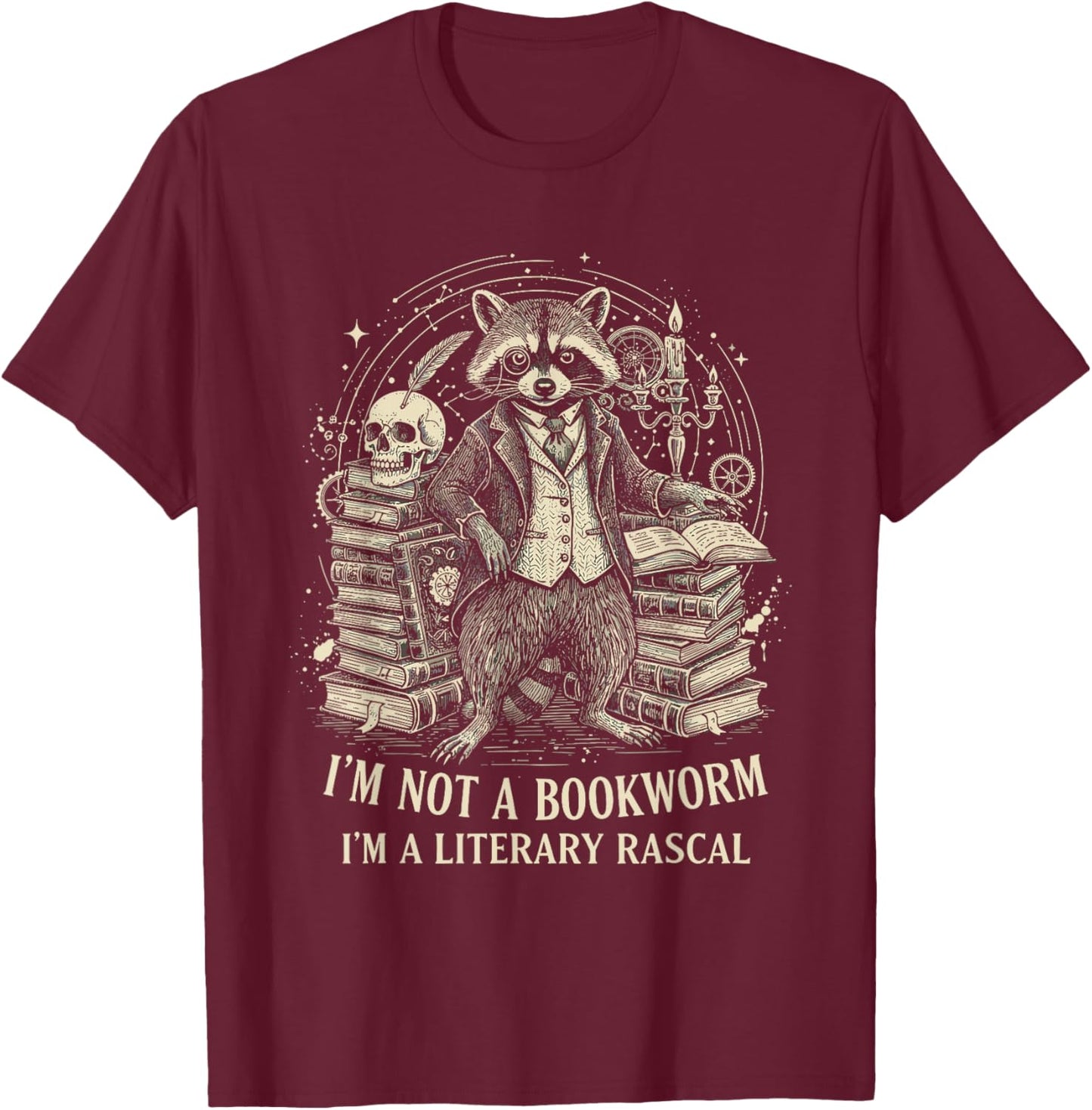 Funny Raccoon I'm Not A Bookworm I'm A Literary Rascal T-Shirt - T-Shirt | Maroon