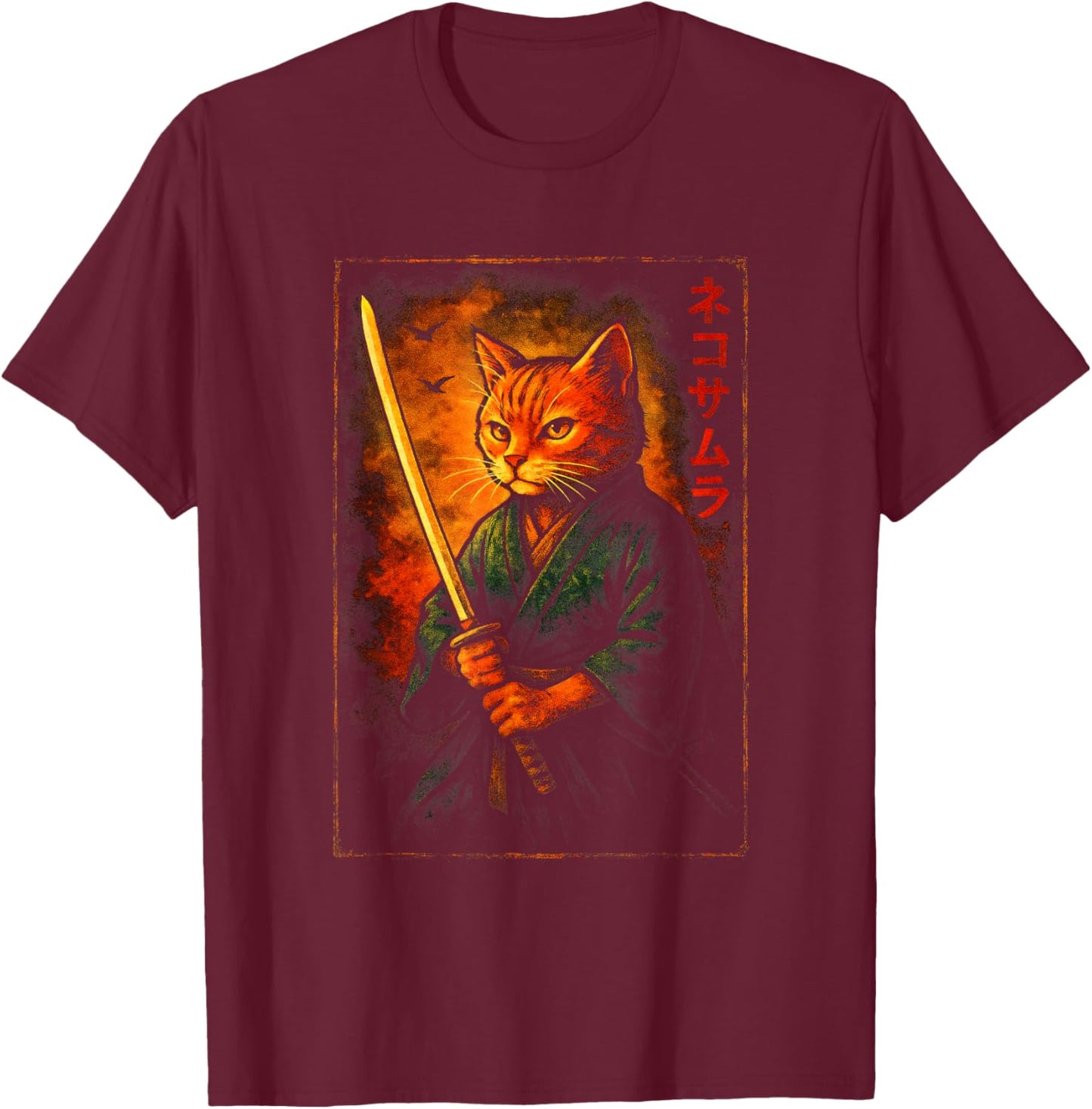 Samurai Cat Warrior Art T-Shirt - T-Shirt | Maroon