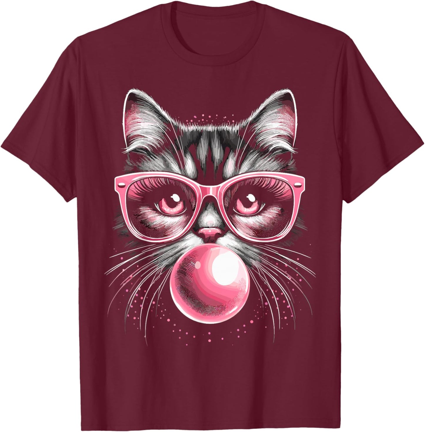 Cute Cat with Glasses and Bubblegum T-Shirt - T-Shirt | Maroon