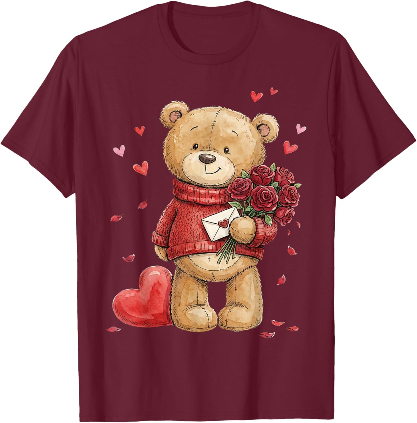 Teddy Bear Roses Men Women Valentines Day Shirt Girl Heart T-Shirt - T-Shirt | Maroon