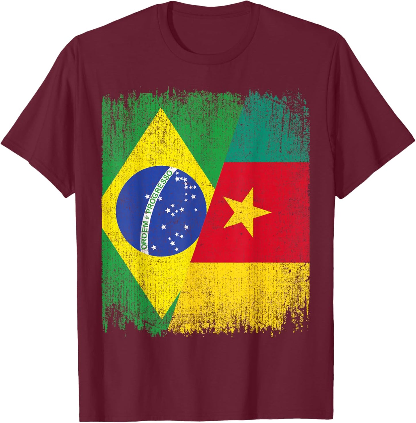 Half Brazil Cameroon Split Flag Brazilian Cameroonian Roots T-Shirt - T-Shirt | Maroon