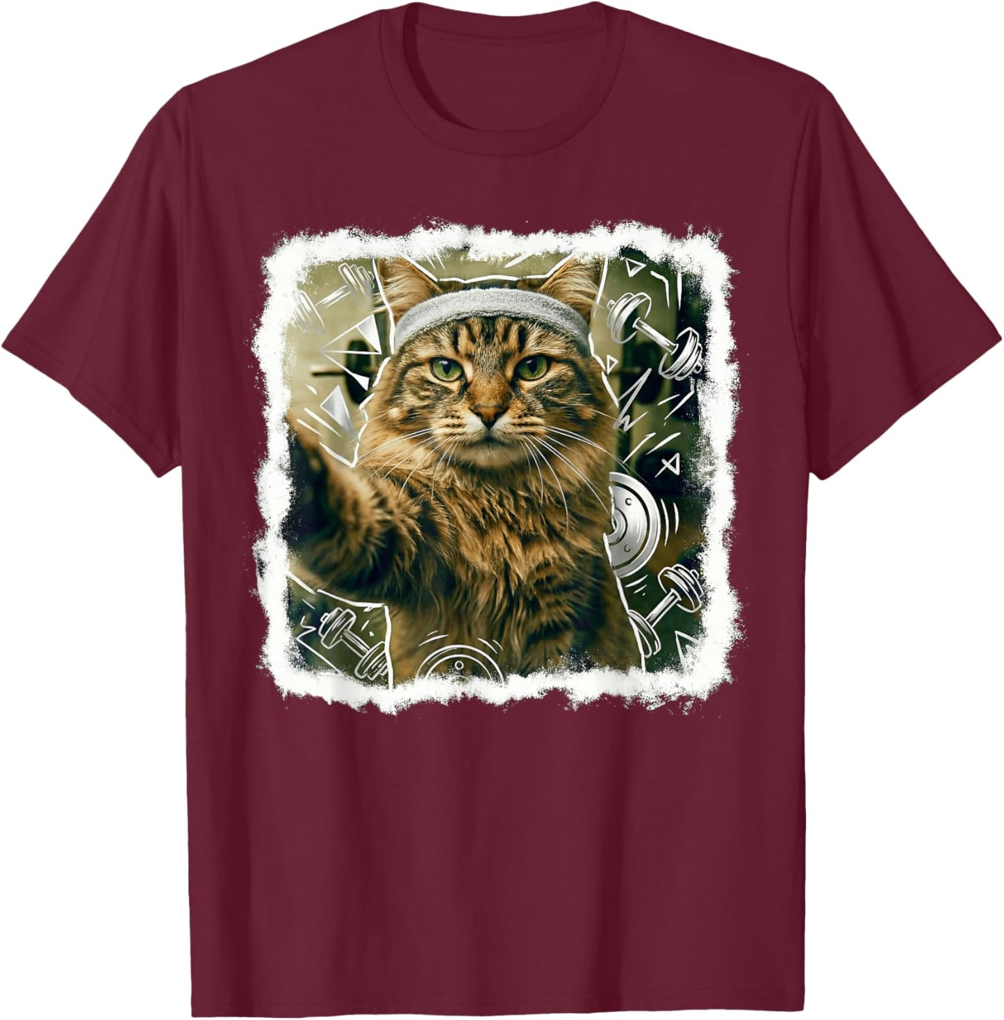 Funny Cat Selfie Gym Workout Weightlifting Cat Animal Themed T-Shirt - T-Shirt | Maroon