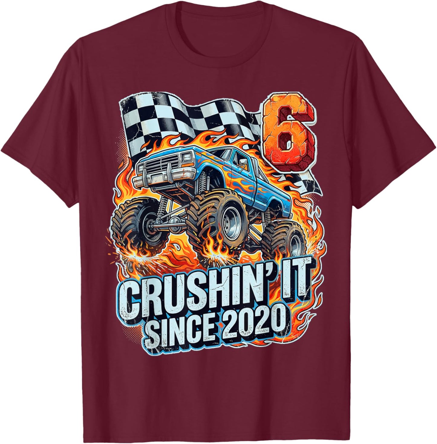 Birthday Monster Truck 6 Year Old Boys 6th Party Born 2020 T-Shirt - T-Shirt | Maroon