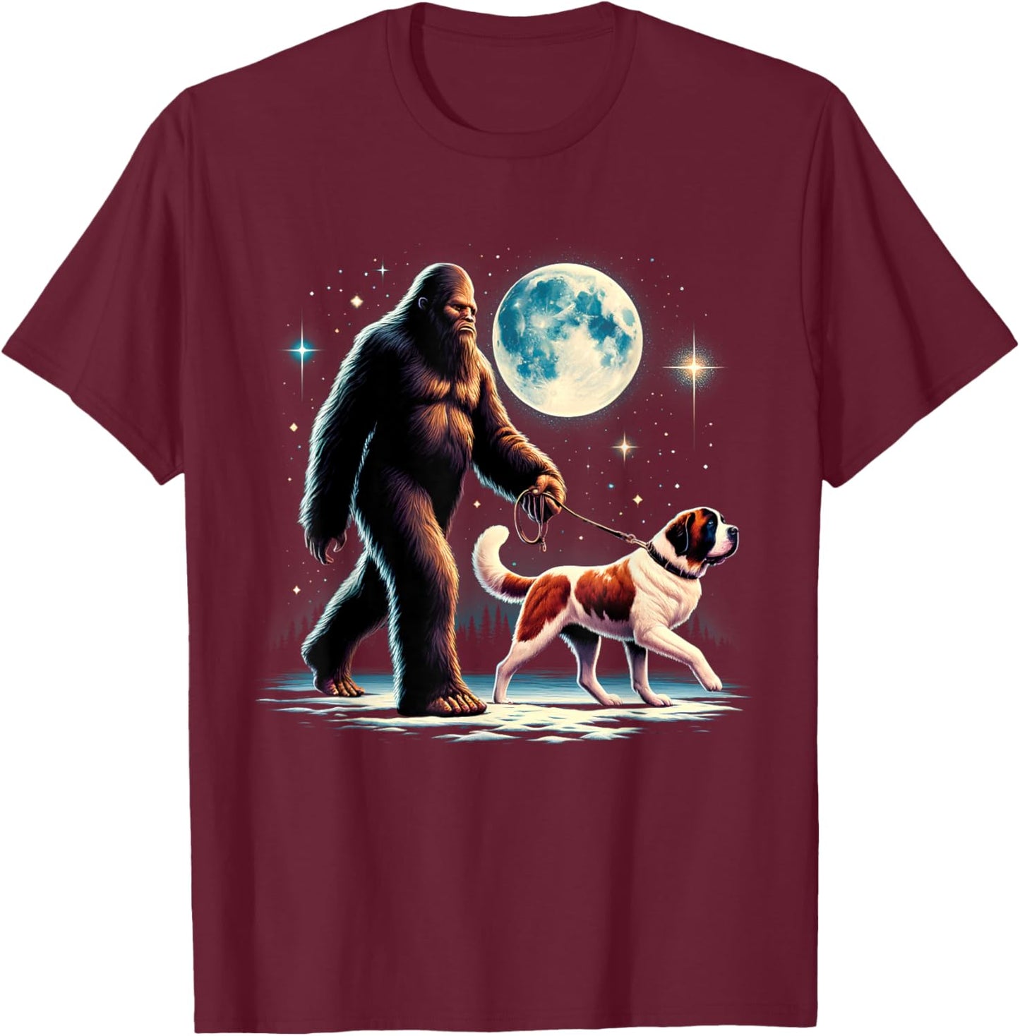 Bigfoot Sasquatch Saint Bernard Walking Dog Lover Moon T-Shirt - T-Shirt | Maroon