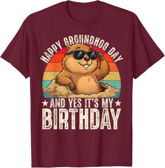 Happy Groundhog Day Birthday Cool Groundhog with Sunglasses T-Shirt - T-Shirt | Maroon