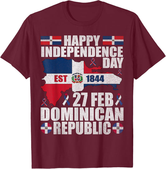 Dominican Republic 182nd Independence Day Dominican Flag Map T-Shirt - T-Shirt | Maroon