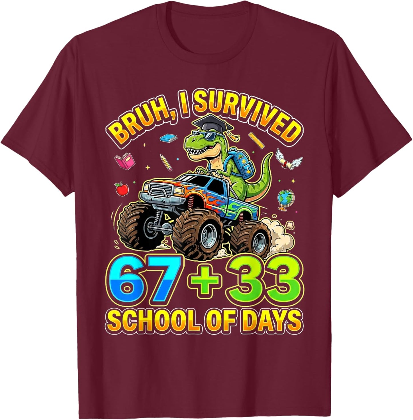 I Survived 67 33 Days of School Dinosaur Youth Kids Boy Girl T-Shirt - T-Shirt | Maroon