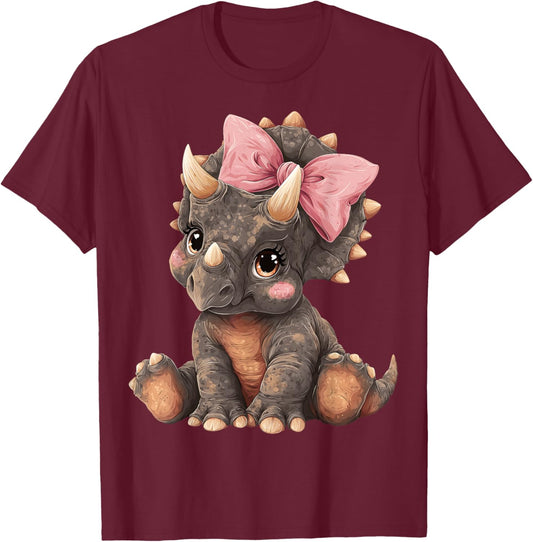 Triceratops Dinosaur Girl Pink Coquette Bow T-Shirt - T-Shirt | Maroon