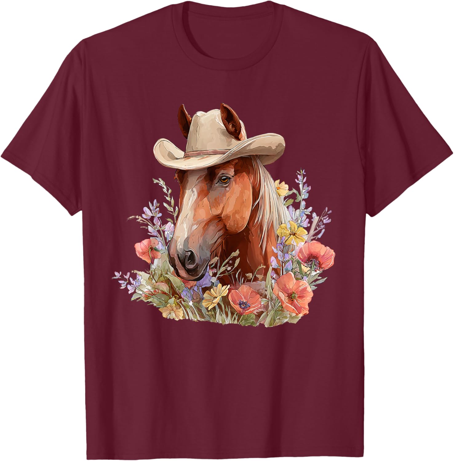 Horse Cowboy Hat Western Flowers T-Shirt - T-Shirt | Maroon