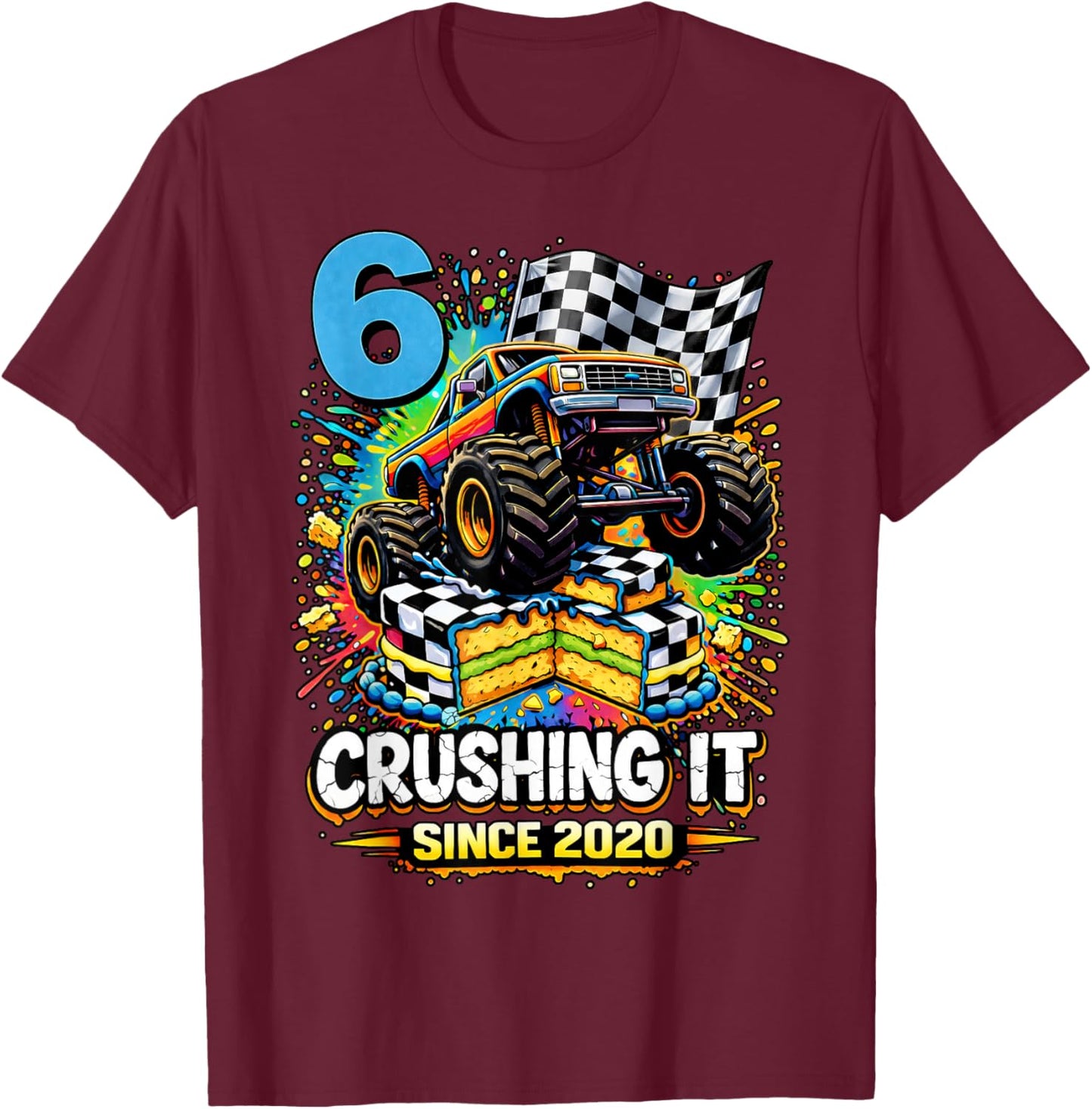 Birthday Monster Truck 6 Year Old Boys 6th Party Born 2020 T-Shirt - T-Shirt | Maroon