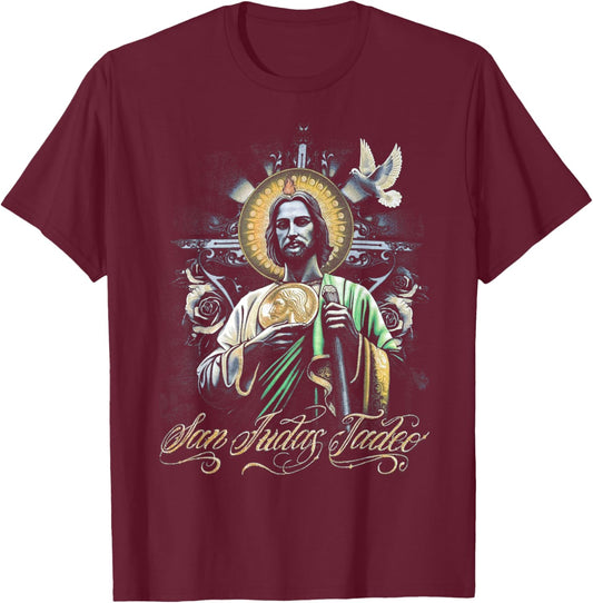 San Judas Tadeo Religious Art Catholic Saints Design T-Shirt - T-Shirt | Maroon