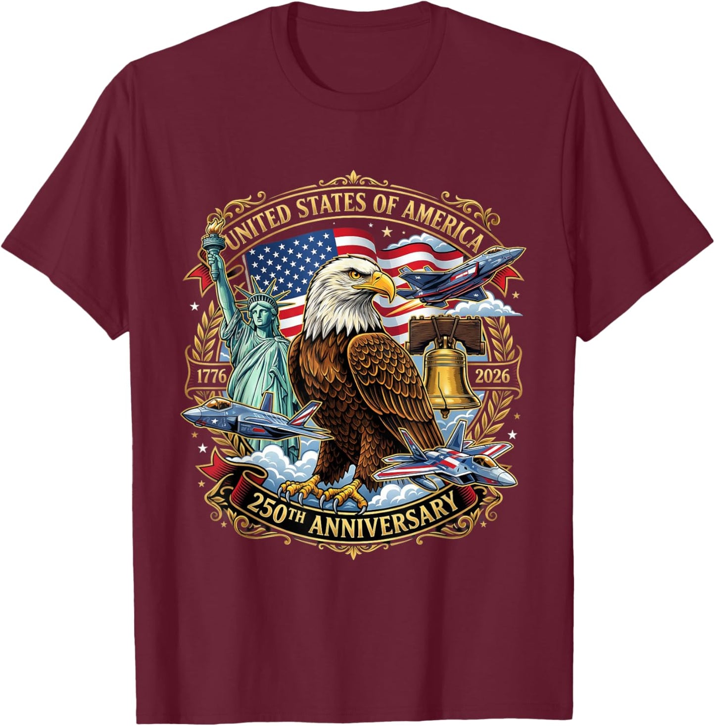 USA Independence 250th Anniversary 1776 2026 Patriotic Eagle T-Shirt - T-Shirt | Maroon