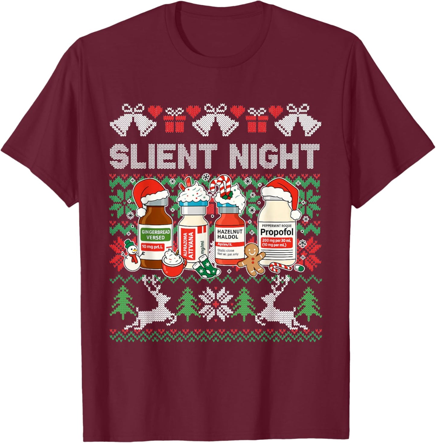 Propofol Silent Night ICU Nurses Funny Merry Ugly Christmas T-Shirt - T-Shirt | Maroon