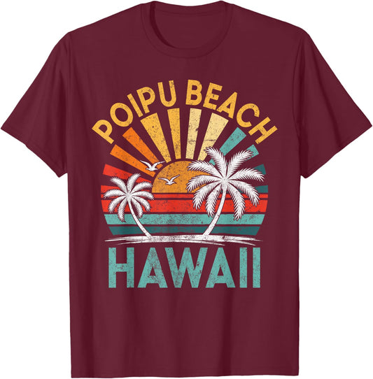 Poipu Beach Hawaii Family Vacation Vintage Sunset T-Shirt - T-Shirt | Maroon