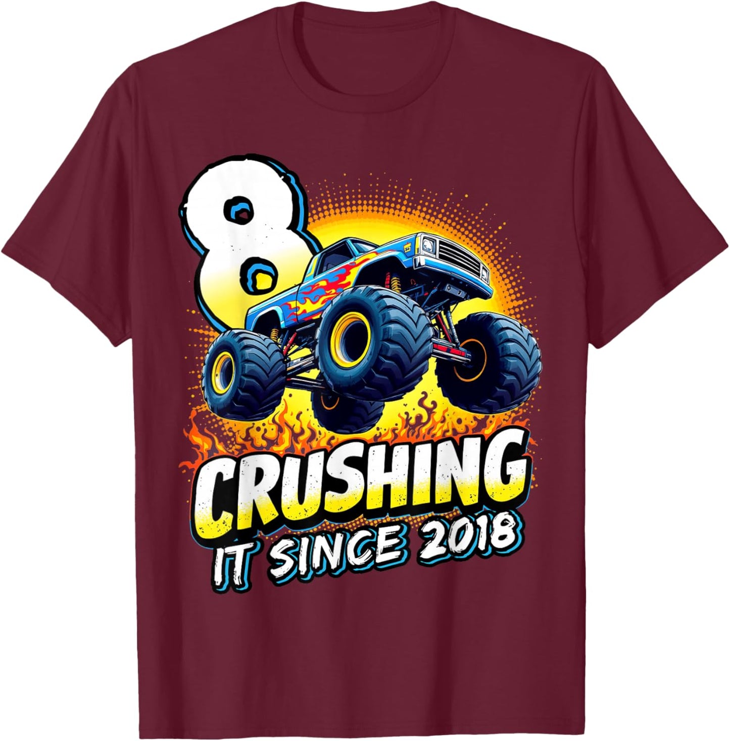 Birthday Monster Truck 8 Year Old Boys 8th Party Born 2018 T-Shirt - T-Shirt | Maroon