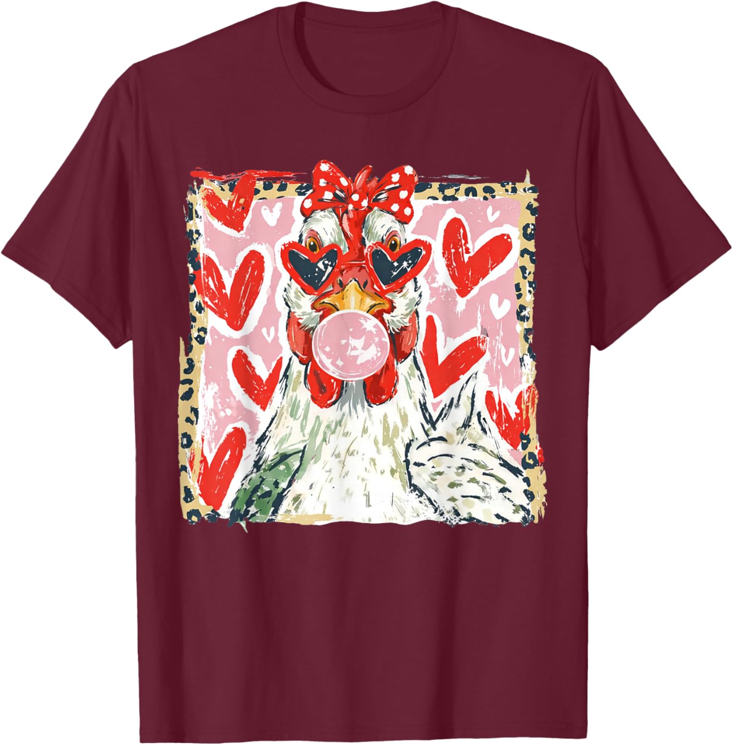 Coquette Leopard Valentine Chicken Hen Blowing Bubble Gum T-Shirt - T-Shirt | Maroon