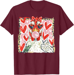 Coquette Leopard Valentine Chicken Hen Blowing Bubble Gum T-Shirt - T-Shirt | Maroon
