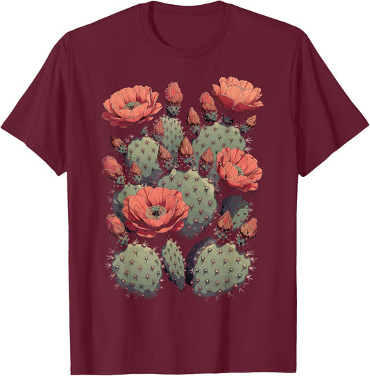 Cactus Flower Prickly Floral Pear Vintage Western USA Boho T-Shirt - T-Shirt | Maroon
