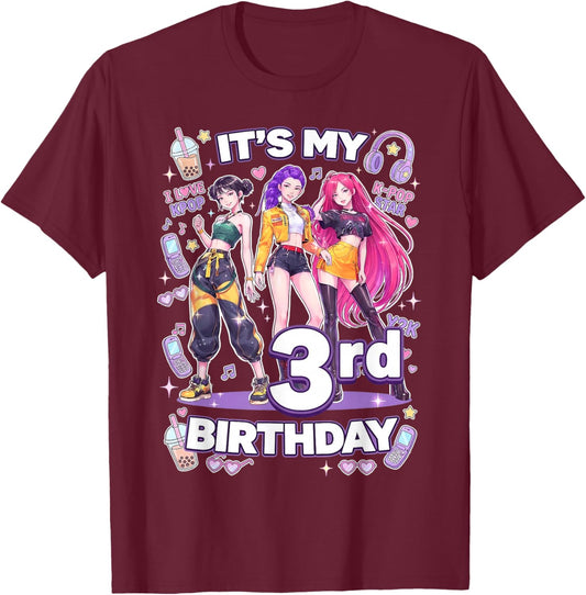 3rd Birthday 3 Year Old Girl Korean Pop Kpop Bday Party T-Shirt - T-Shirt | Maroon