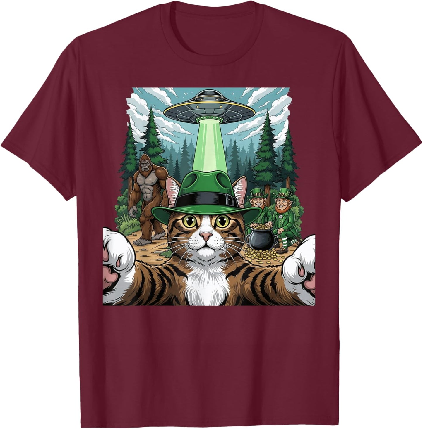 St Patricks Day Bigfoot Leprechaun Cat UFO Funny Scene T-Shirt - T-Shirt | Maroon