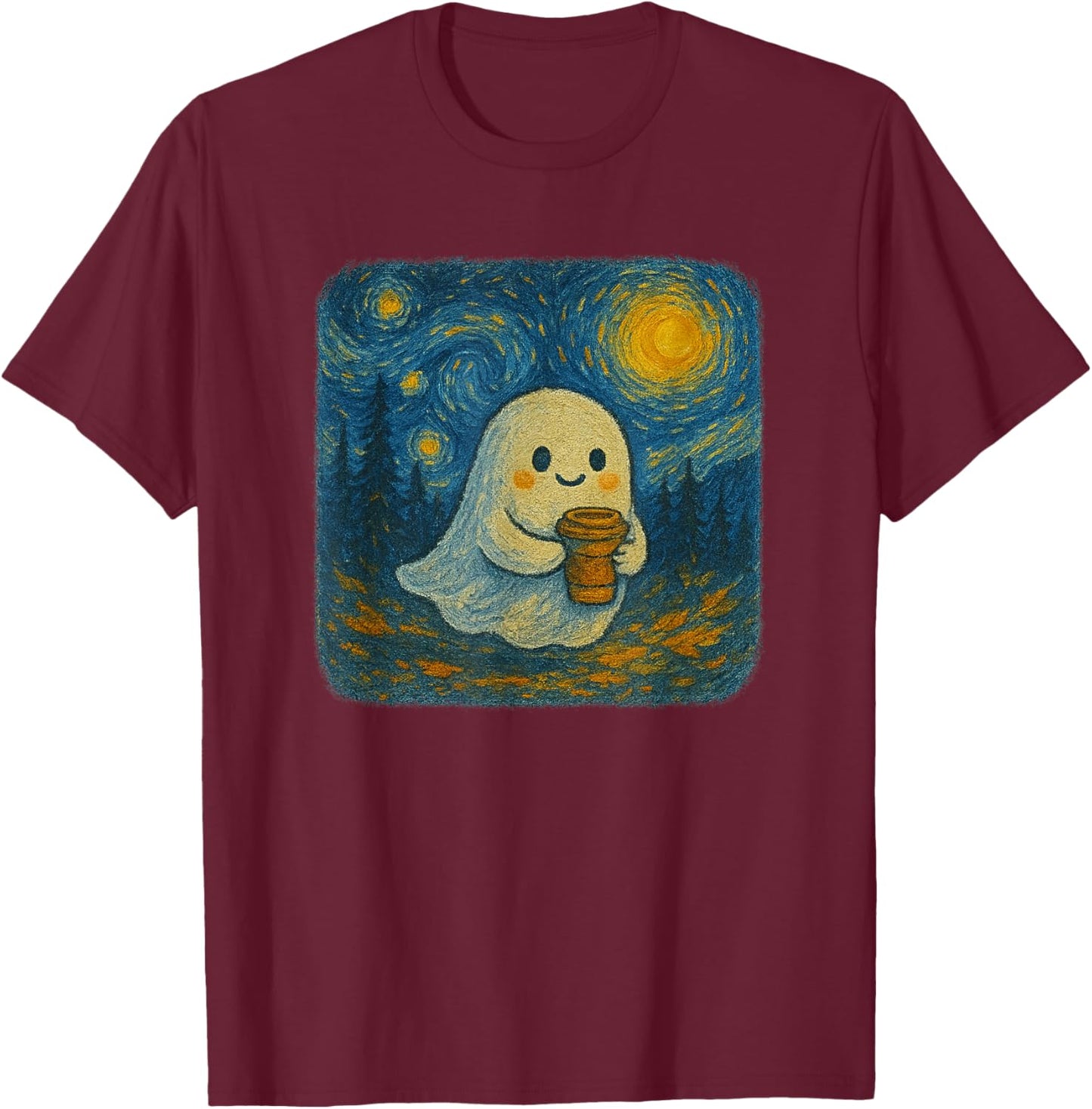Funny Ghost Pumpkin Spice Latte Starry Night Halloween T-Shirt - T-Shirt | Maroon